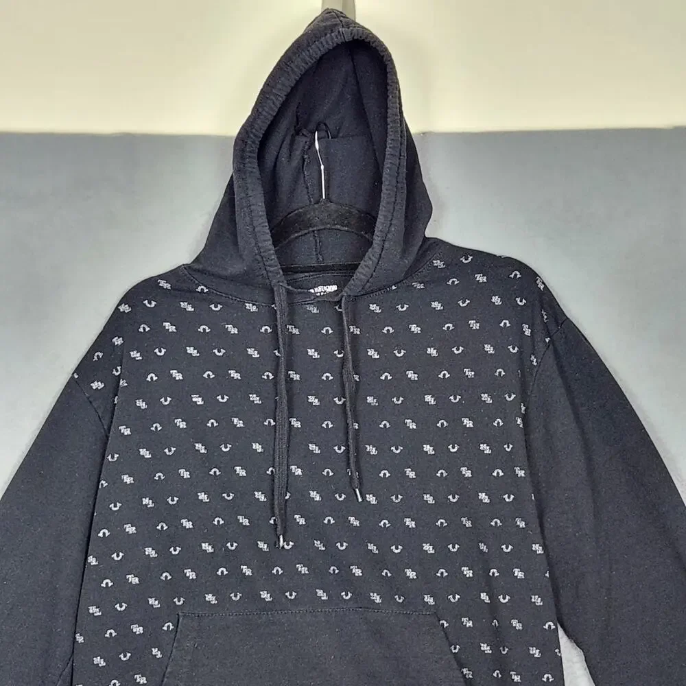 TRUE RELIGION Hoodie Mens Large Black Kangaroo Pocket AOP Activewear